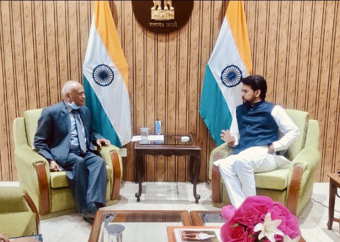 LG Mathur meets Union Sports Minister Anurag Thakur in Delhi