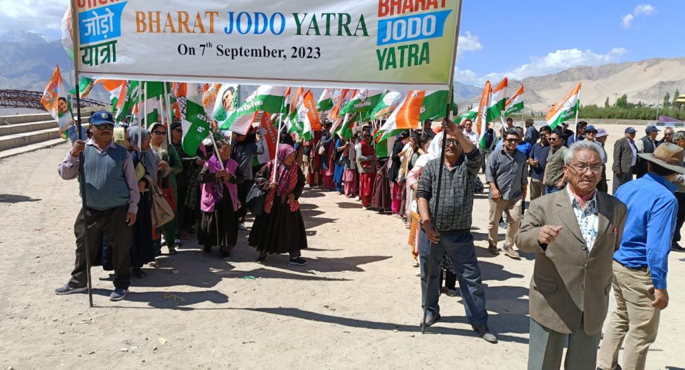 LEH: Congress party in Ladakh took out a symbolic Padyatra from NDS stadium to Sheldan Community Hall on the eve of the first anniversary of Rahul Gandhi's Bharat Jodo Yatra. A large number people joined the Padyatra holding party flag and raising Bharat jodo slogan. The Yatra ended with a seminar where the participants were briefed by party leaders of the importance of the Bharat Jodo Yatra. The longest ever Padyatra under taken by any politician in the world let alone India Rahul Gandhi traverse 4000 km from Kaniya Kumari to Kashmir. The objective of the Yatra was to listen to the voices of the voiceless people - from youth to farmers, small businessmen, fisherman, the under - privileged and downtrodden. Alongside, this was in a way pilgrimage and a journey to seek the soul of this great nation for Rahul Gandhi. This was also a political mission to spread peace, amity, brother and harmony in these times of xenophobia, hatred, fear and toxicity which threatens to destroy the very soul of India. Bharat Jodo Yatra was a mass movement which was held by the political party Indian National Congress led by Senior Congress leader Rahul Gandhi who was orchestrating the movement by encouraging the party cadre and the public to walk from Kanyakumari at the southern tip of India to the union territory of Jammu and Kashmir, a journey of 4,080 kilometres (2,540 miles) over almost 150 days. According to INC, the movement was intended to unite the country against the ‘divisive politics’.